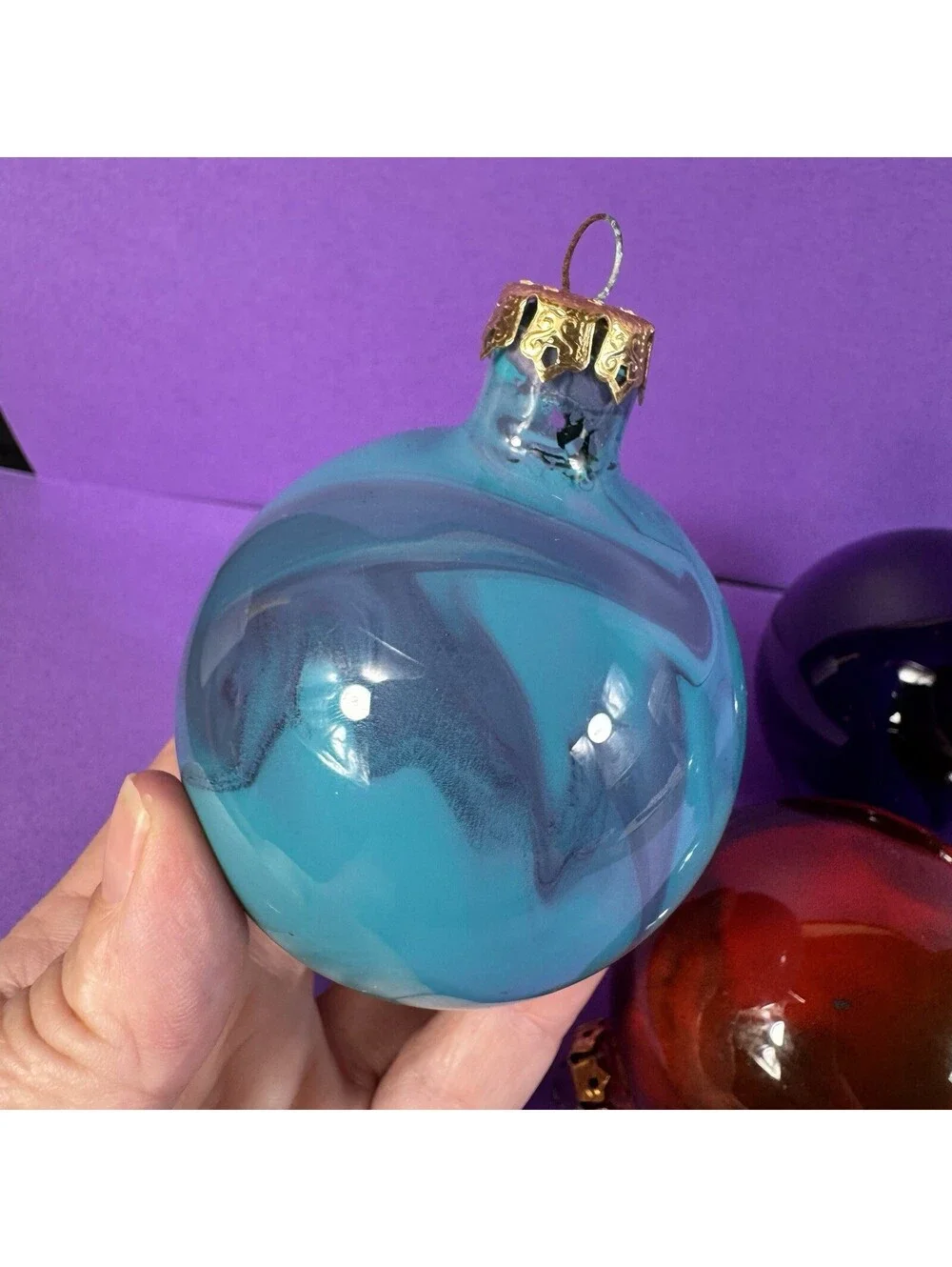 4 Glass Christmas Ornaments Swirl Marbled Red Blue Teal Handpainted 1990s Retro